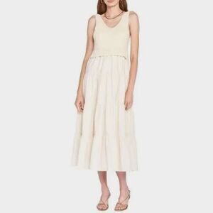 En Saison Alwin Knit Poplin Tiered V‑Neck Dress Cream XS